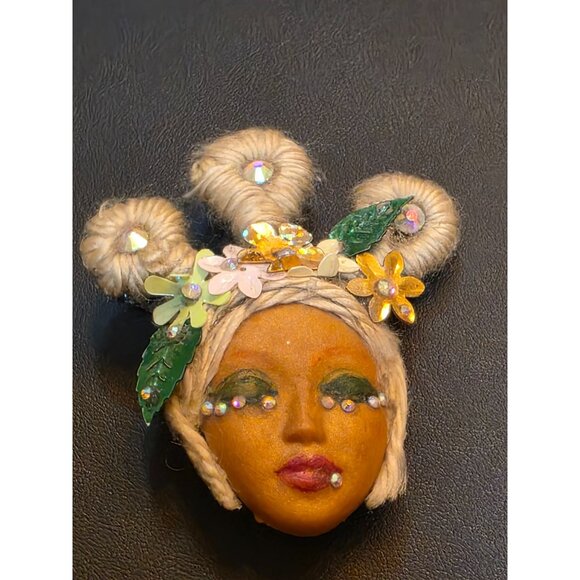 Handcrafted Face Brooch With Floral Accents & Rhinestones - Picture 10 of 10